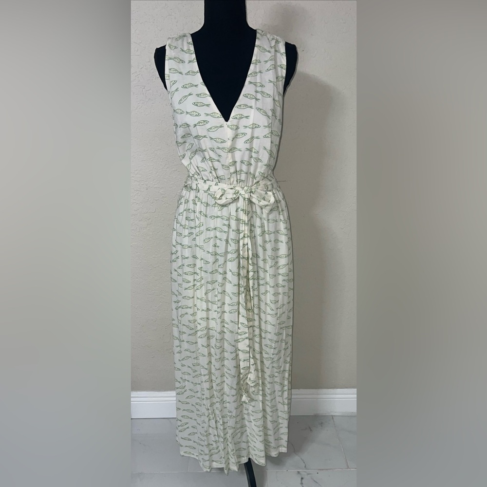 A New Day Women’s Pale Cream Print Fish Print V-Neck Low Back Maxi Dress Size S